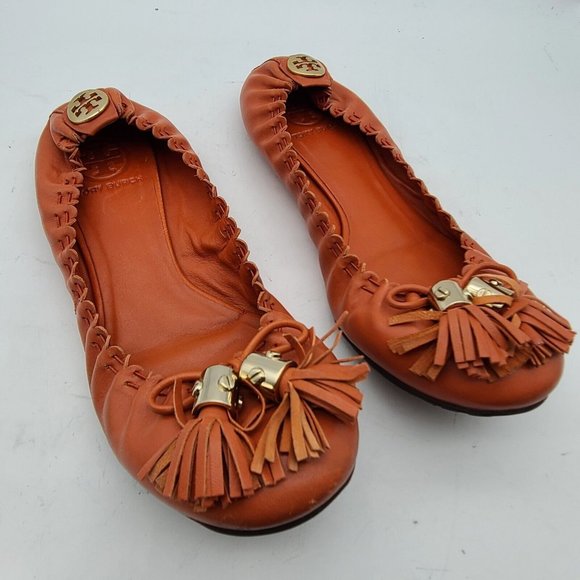 Tory Burch ballet flats Reese Orange Leather Tassels Logo Slip On Women Size 7 - Picture 1 of 11